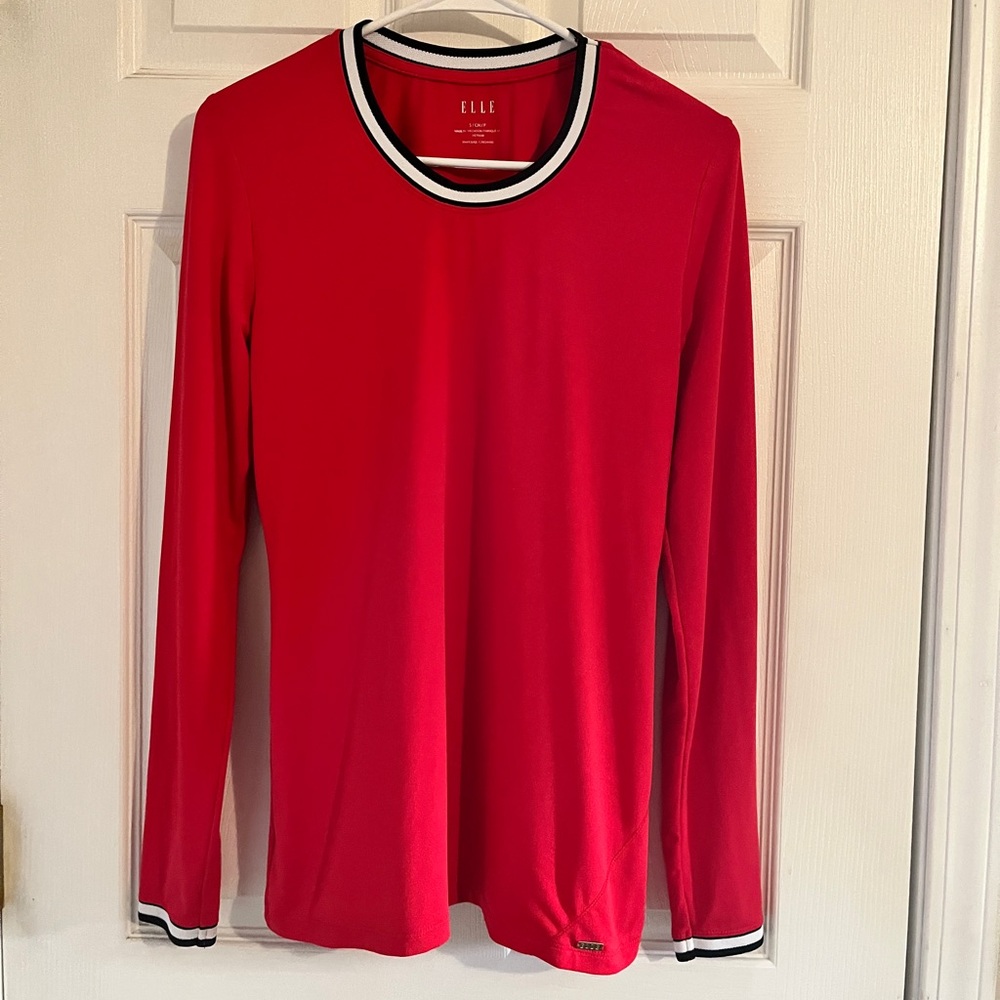 ELLE Classic Red Long Sleeve Knit Top with Contrast Trim | Size Small